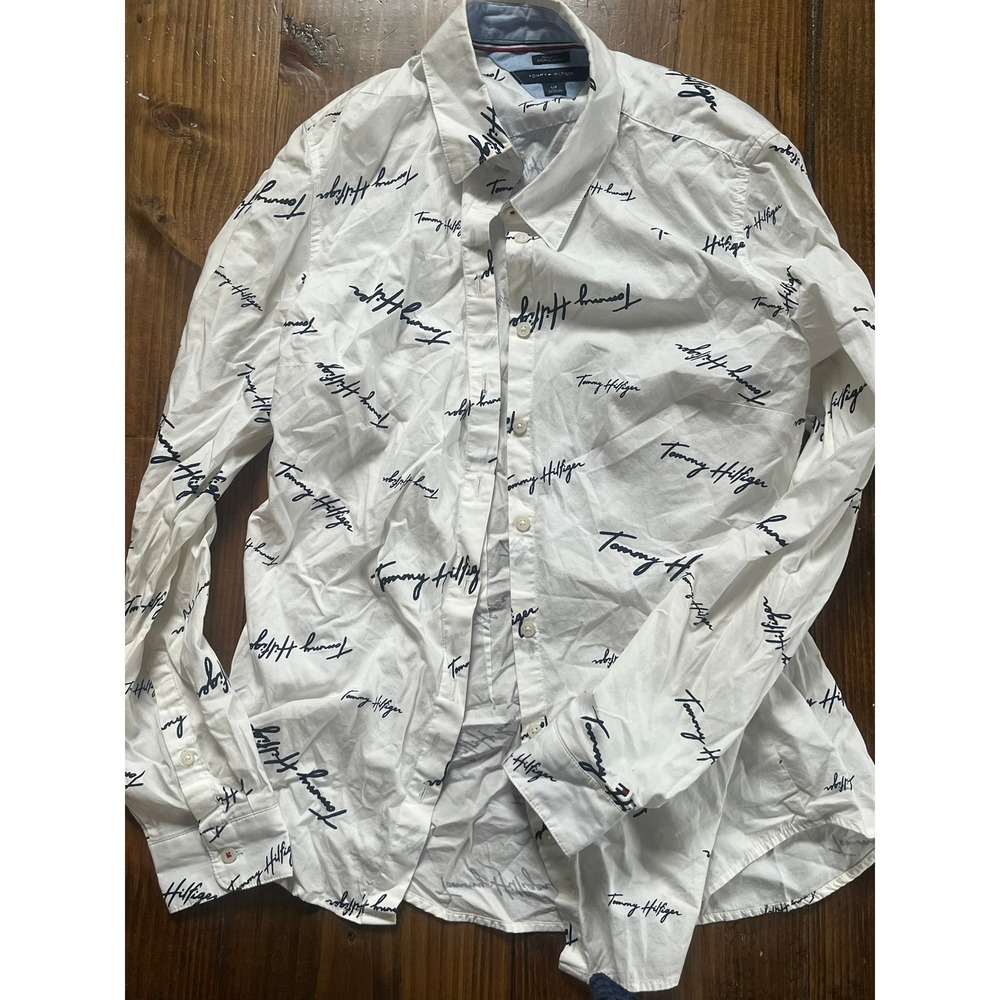 Tommy Hilfiger Mens Script Logo Print Button Down Shirt White Navy Small S